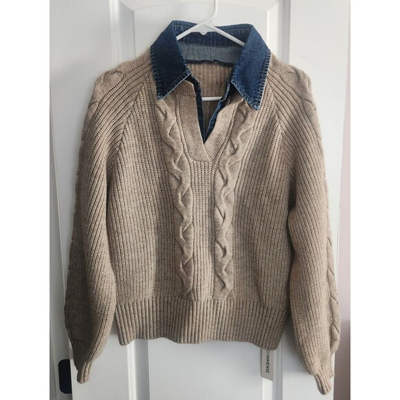 Commense Sweaters - NWT COMMENSE Denim Collar Layered Sweater Beige Knit Sweater XS oversized fit